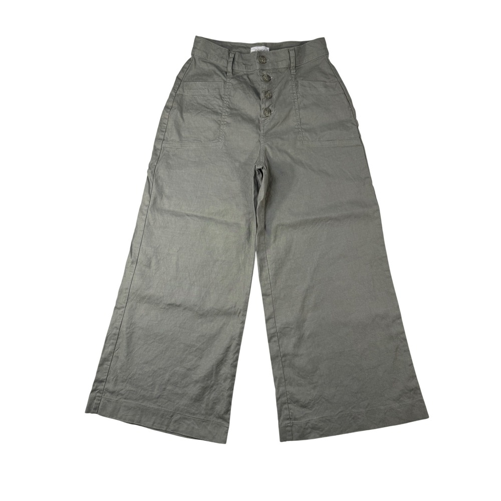 Evereve Sage Green Linen Blend Wide Leg Utility Pants Button Fly Size 26 - Picture 2 of 8